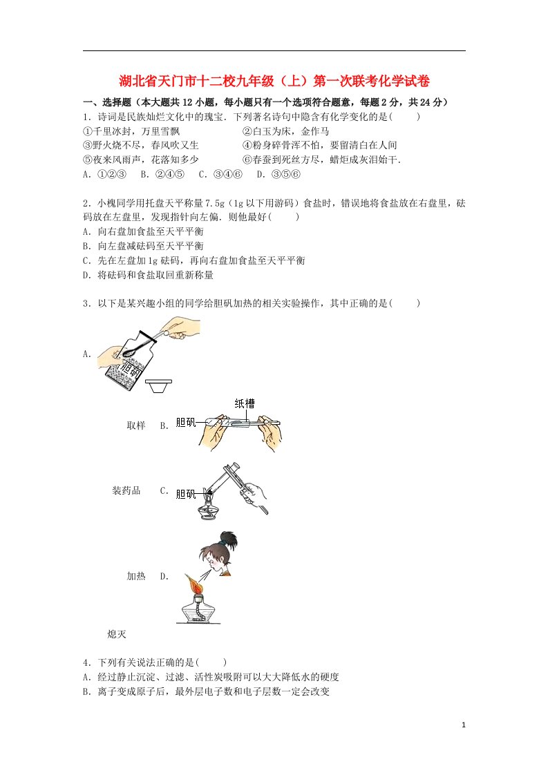 湖北省天门市十二校九级化学上学期第一次联考试题（含解析）