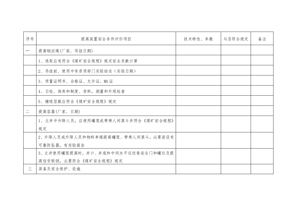 煤矿矿井机电安全条件评价检查表样本