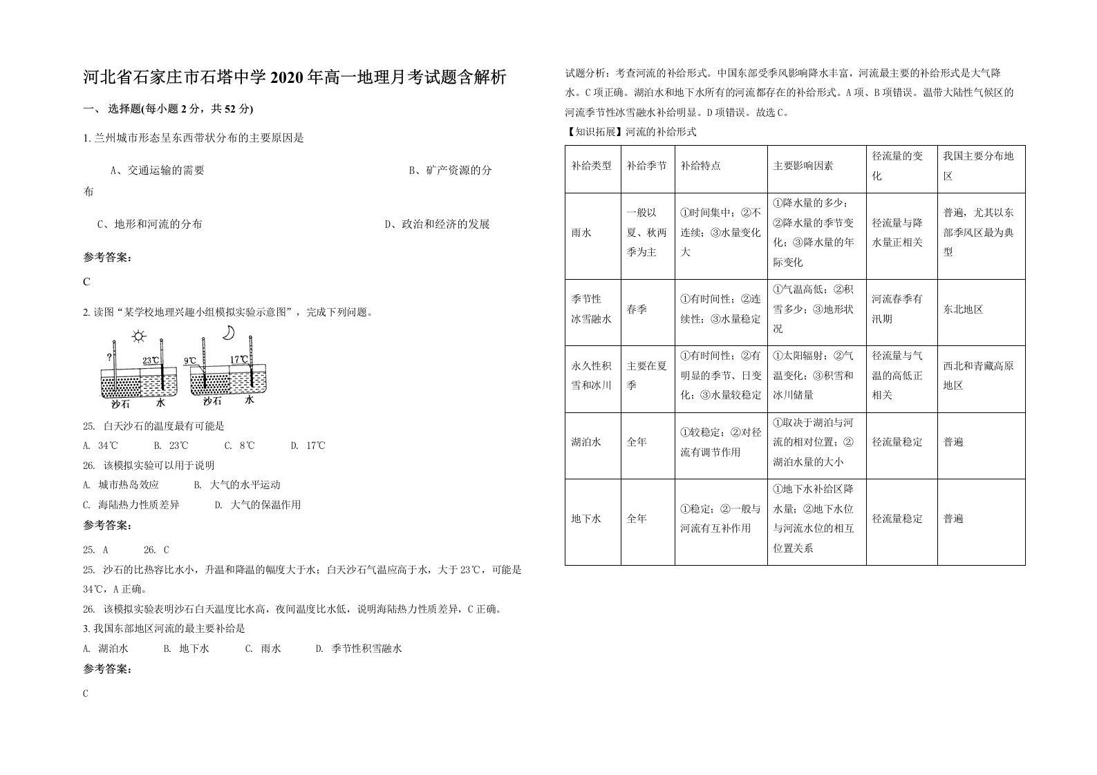 河北省石家庄市石塔中学2020年高一地理月考试题含解析