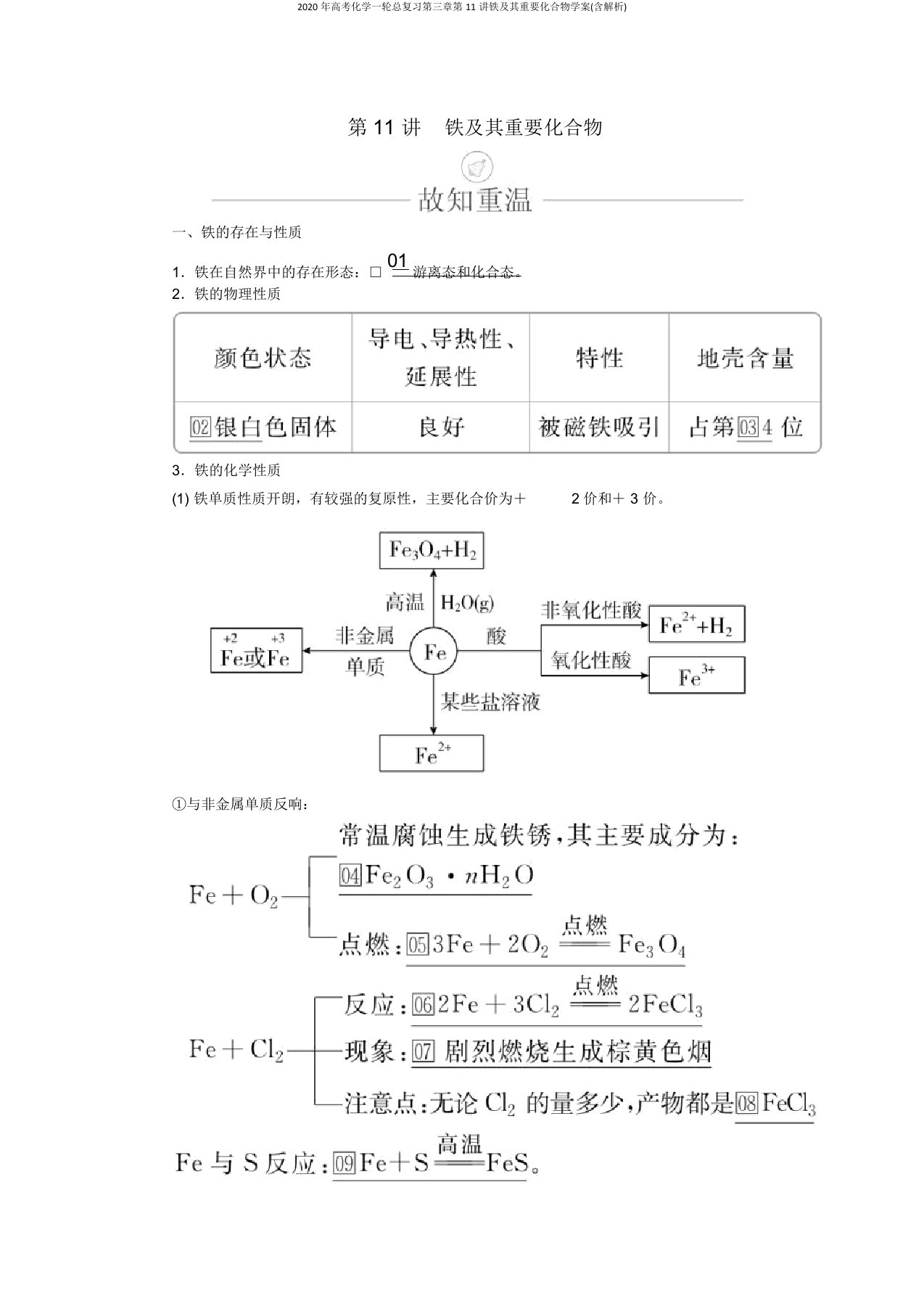 2020年高考化学一轮总复习第三章第11讲铁及其重要化合物学案(含解析)