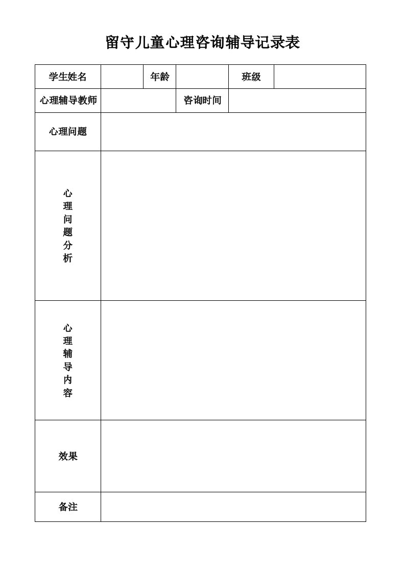 留守儿童心理咨询辅导记录表