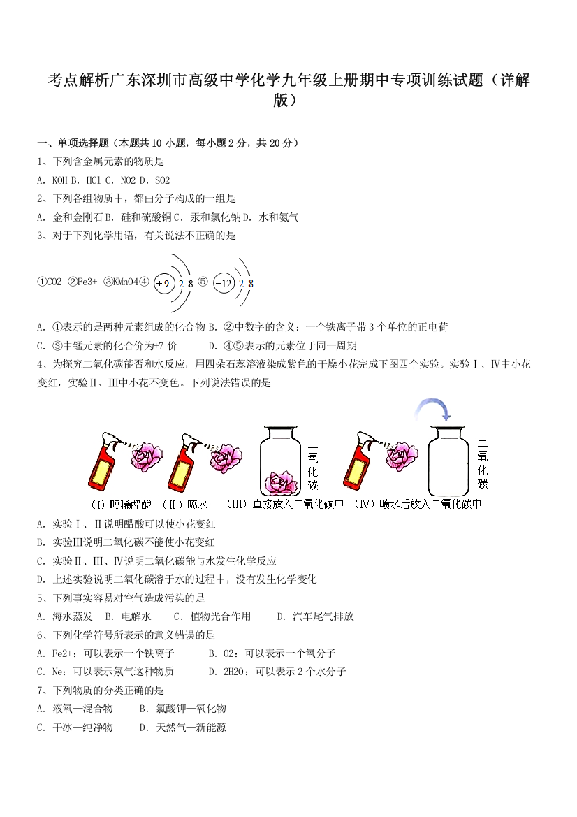 考点解析广东深圳市高级中学化学九年级上册期中专项训练