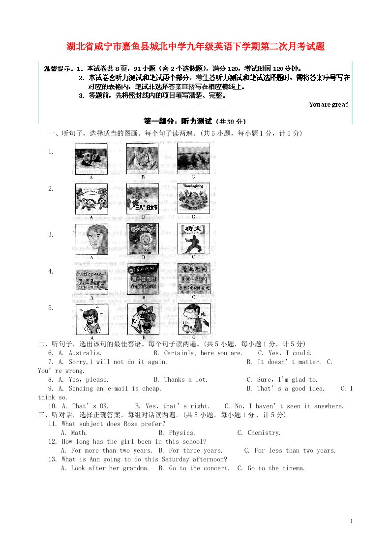 湖北省咸宁市嘉鱼县城北中学九级英语下学期第二次月考试题（无答案）