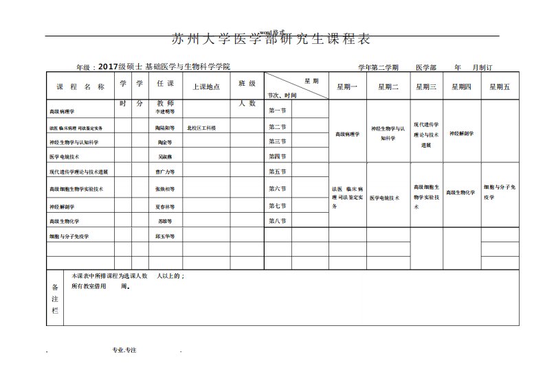 苏州大学医学部研究生课程表