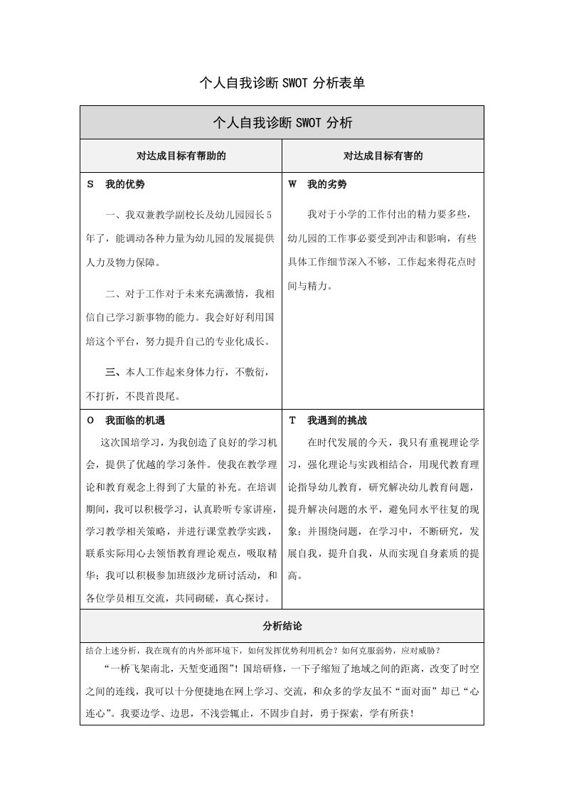 佟艳辉个人自我诊断SWOT分析表