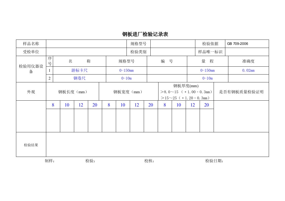 钢板进厂检验记录表