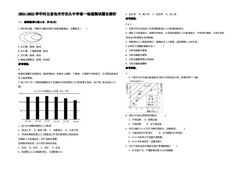 2021-2022学年河北省沧州市泊头中学高一地理测试题含解析