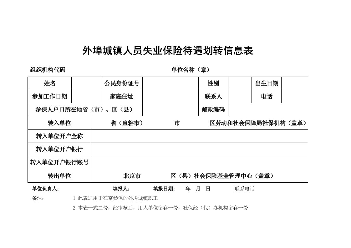 最新精品外埠城镇人员失业保险待遇划转信息表