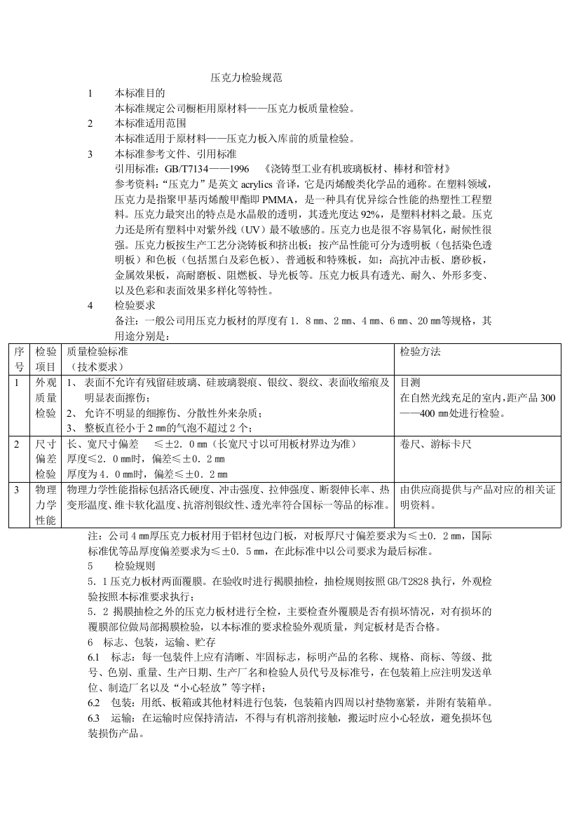 压克力考验标准