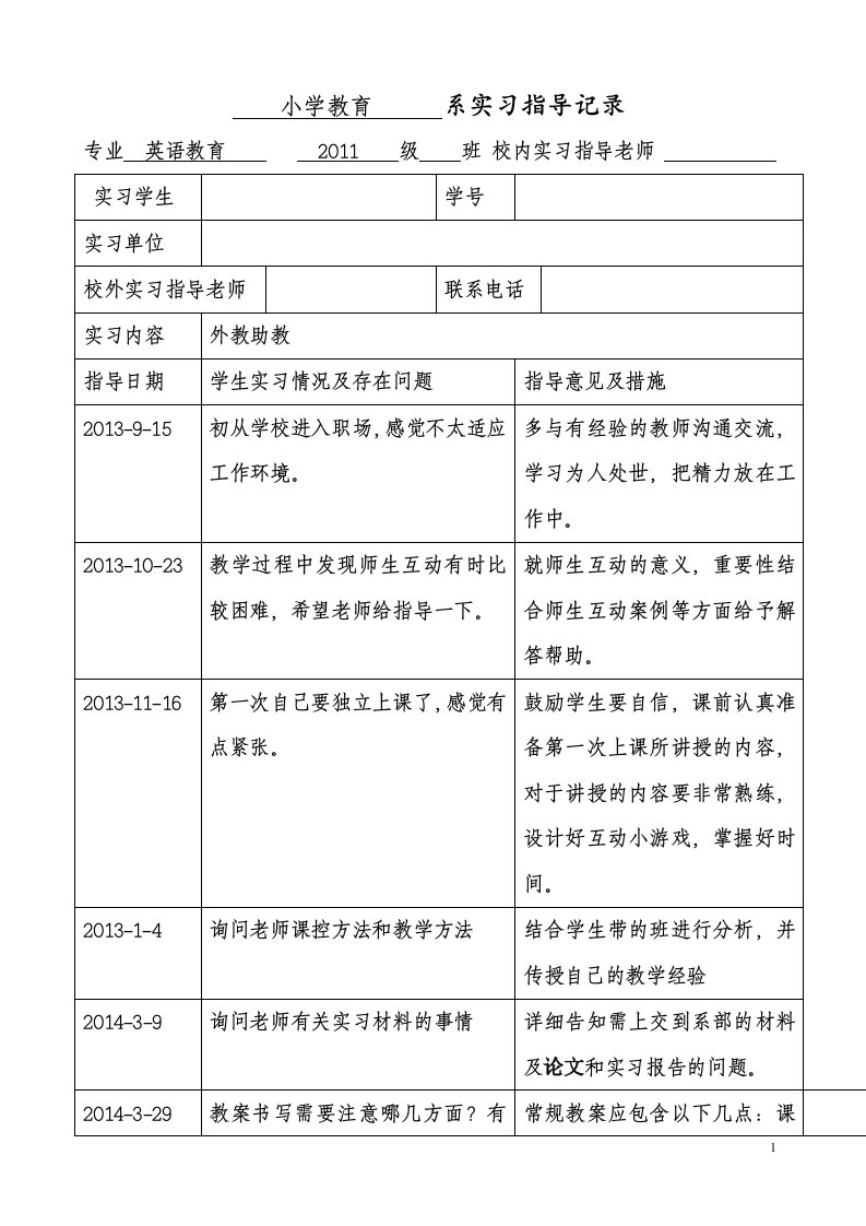 英语教育专业实习指导记录表