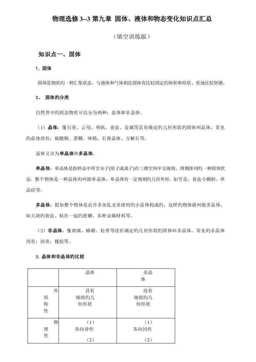 2023年物理选修固体液体和物态变化知识点汇总