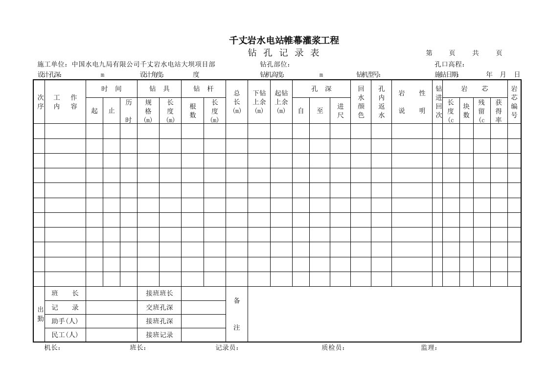 自作水利工程帷幕灌浆施工记录表格