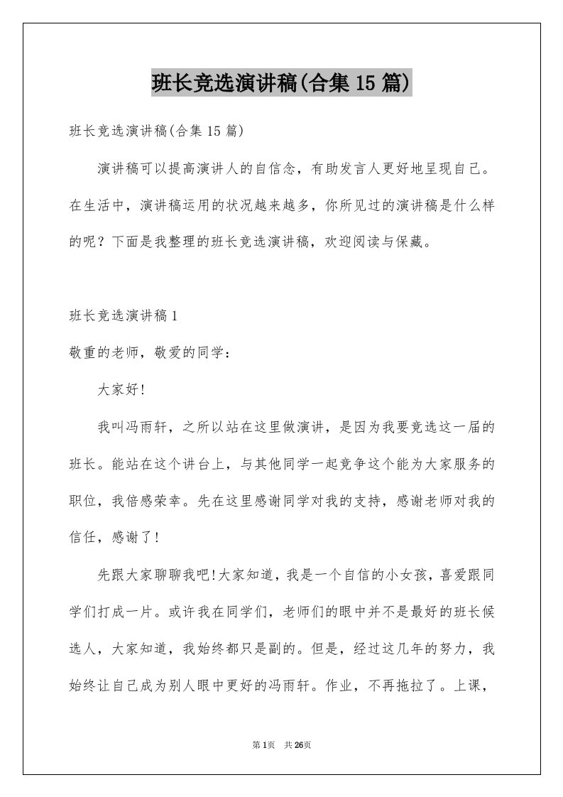 班长竞选演讲稿合集15篇范文