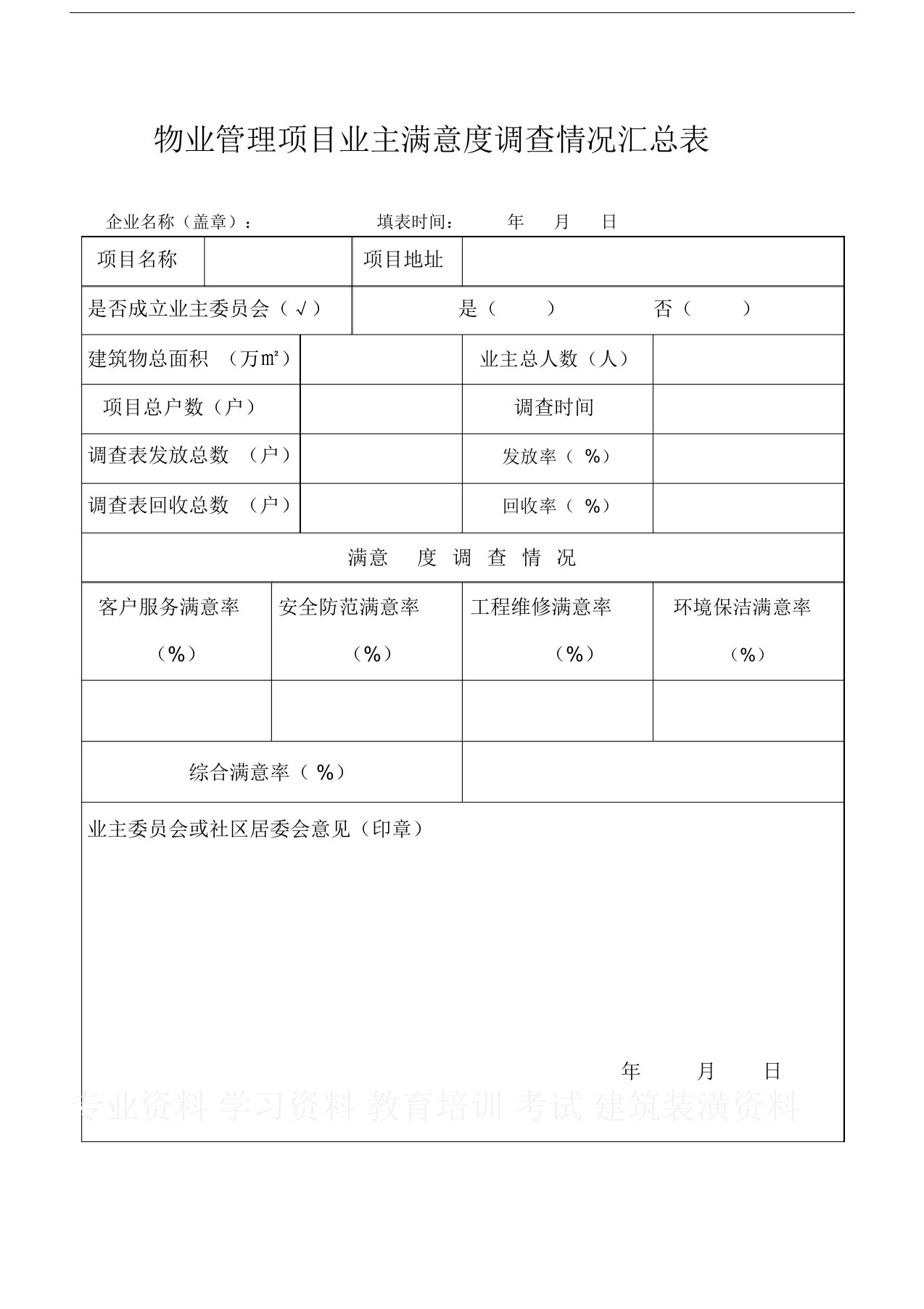 物业管理项目业主满意度调查情况汇总表