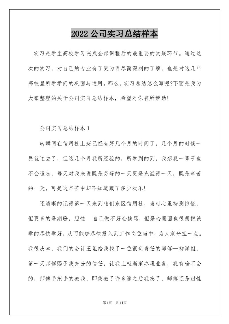 2022公司实习总结样本