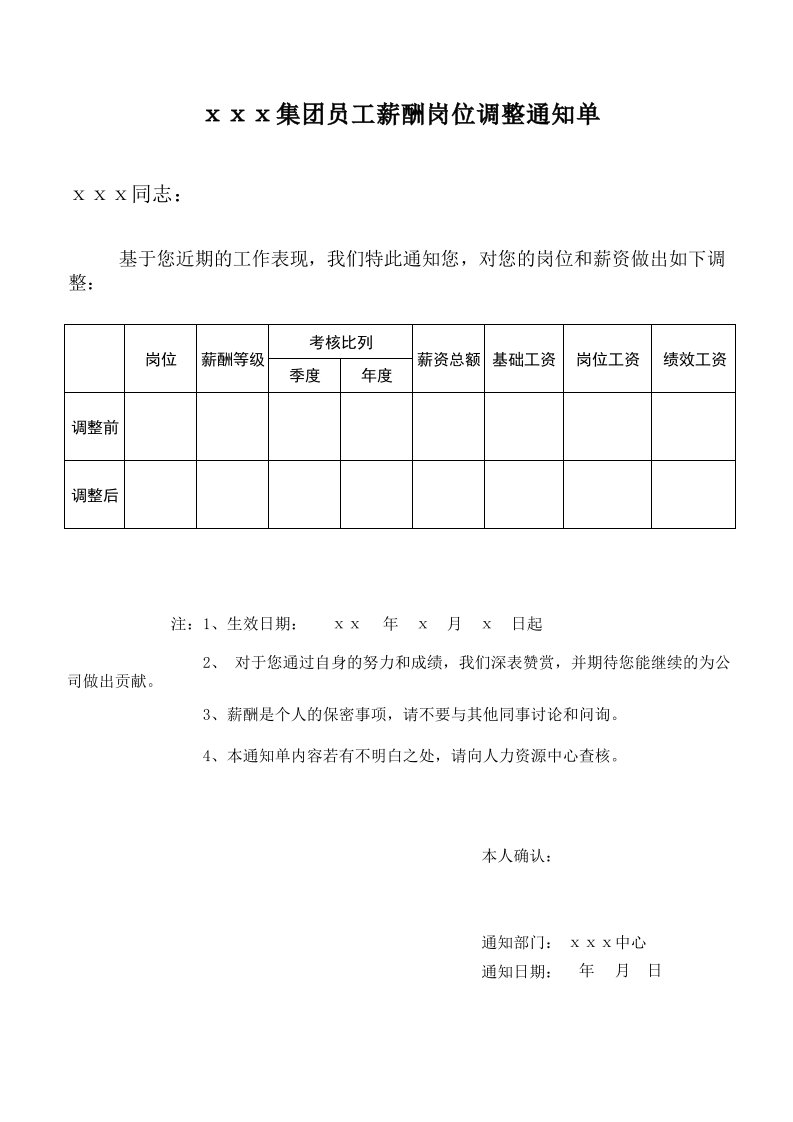 员工薪酬调整通知单(模板)