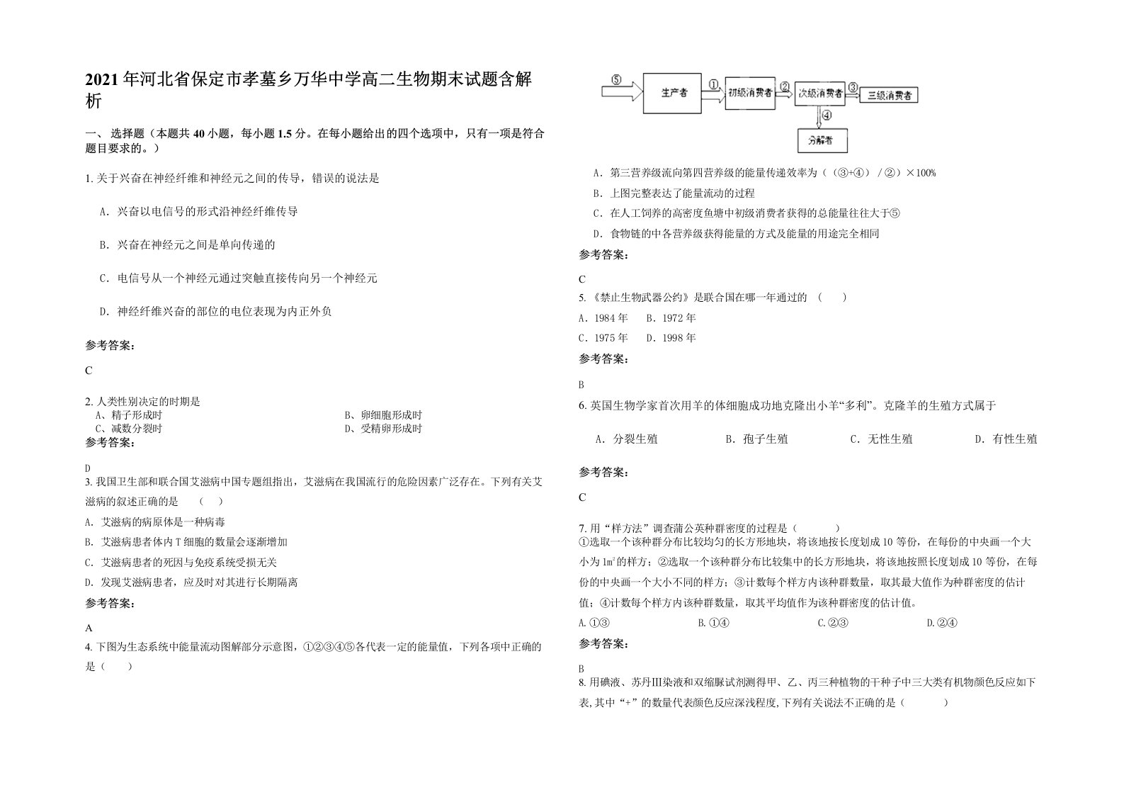 2021年河北省保定市孝墓乡万华中学高二生物期末试题含解析