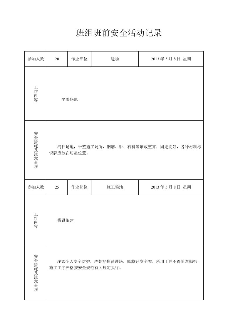 班组班前安全活动记录