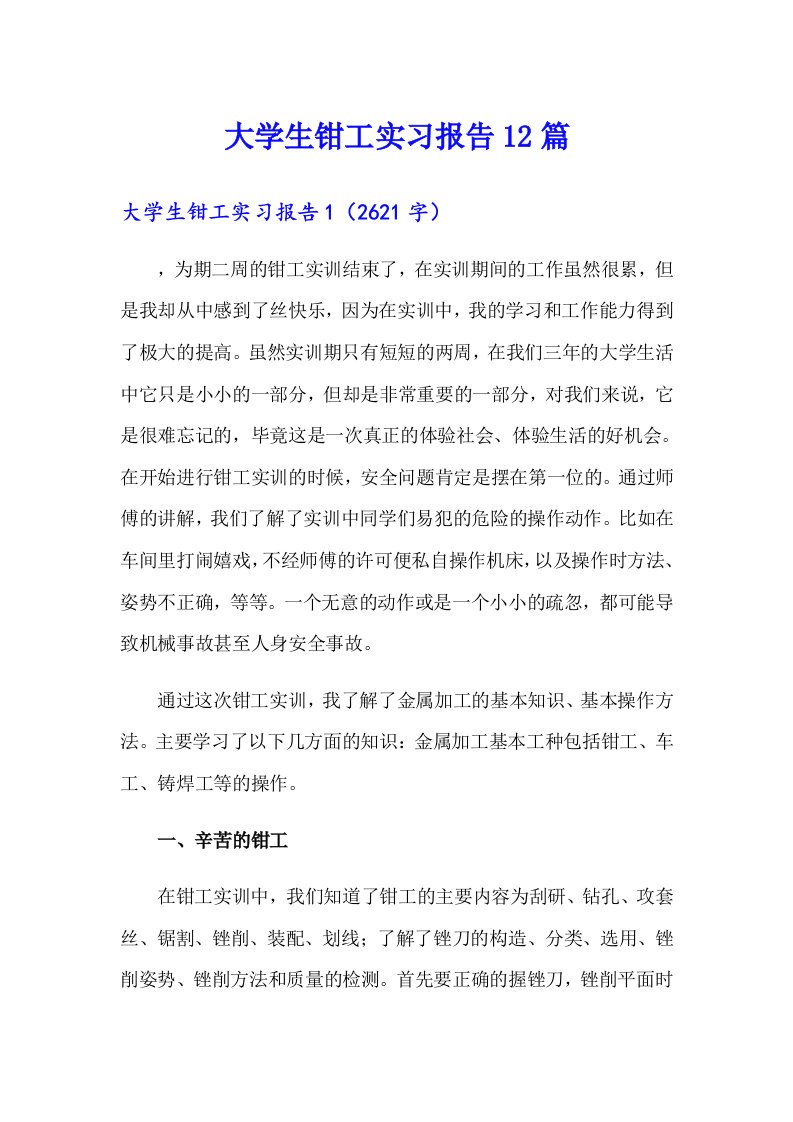 大学生钳工实习报告12篇