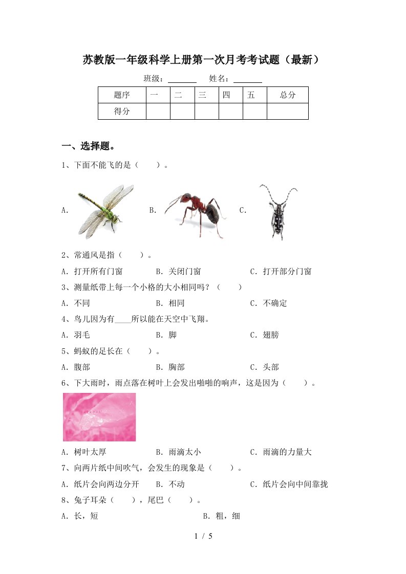 苏教版一年级科学上册第一次月考考试题最新