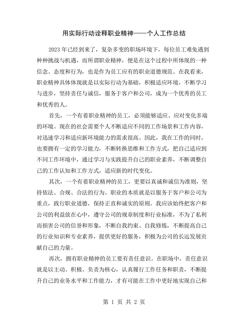 用实际行动诠释职业精神——个人工作总结