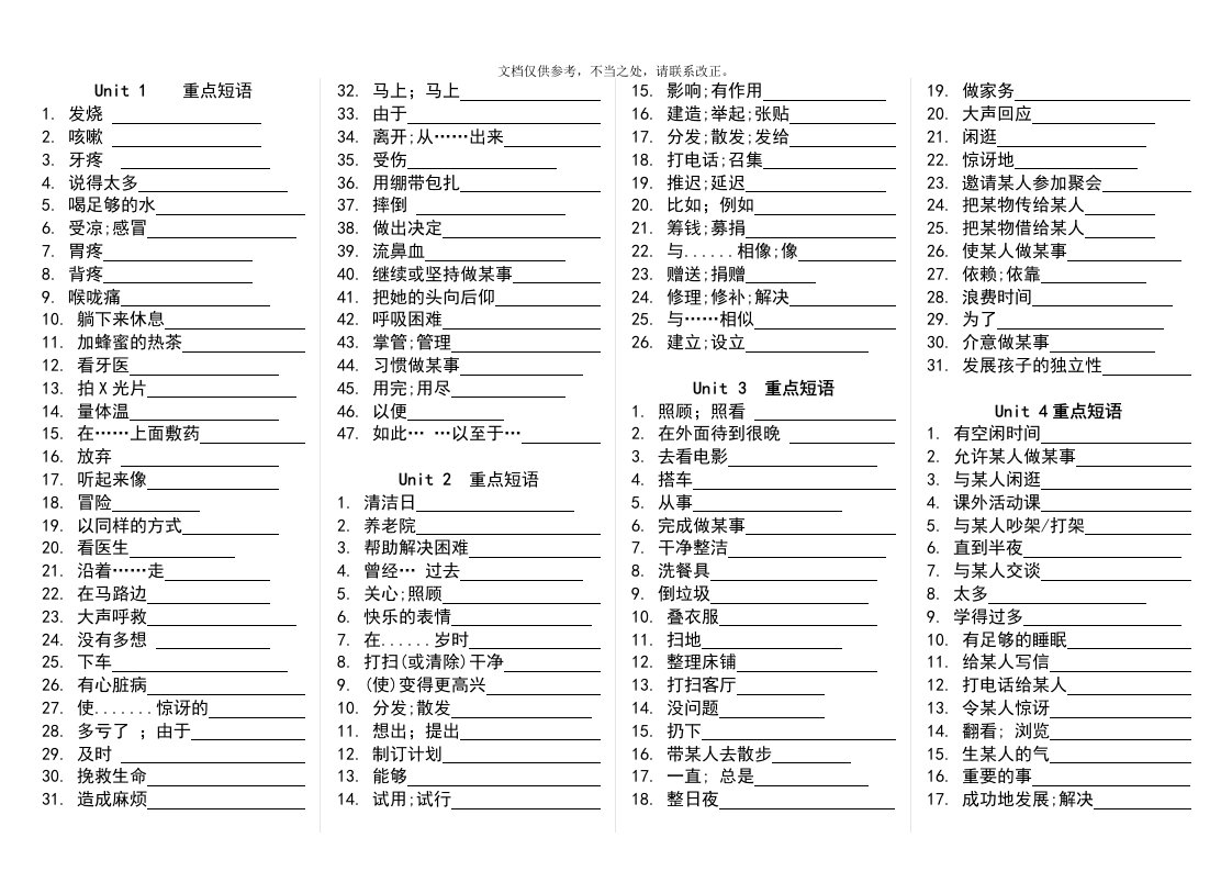 2020年人教版八下英语词组默写