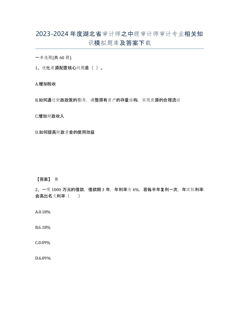 2023-2024年度湖北省审计师之中级审计师审计专业相关知识模拟题库及答案