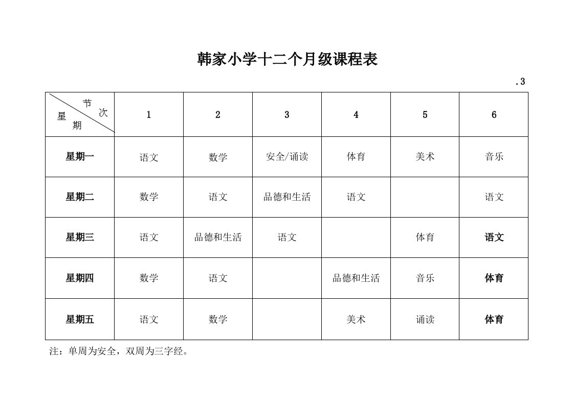 韩家小学各年级课程表样稿