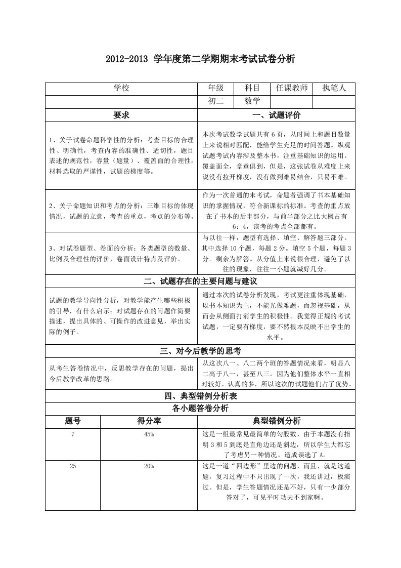 八年级数学试卷分析