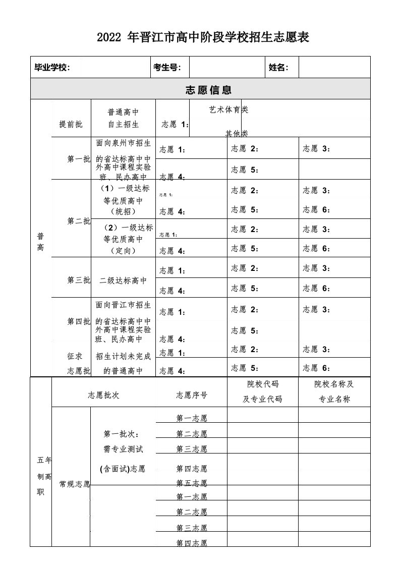 中考填报志愿的表格福建晋江