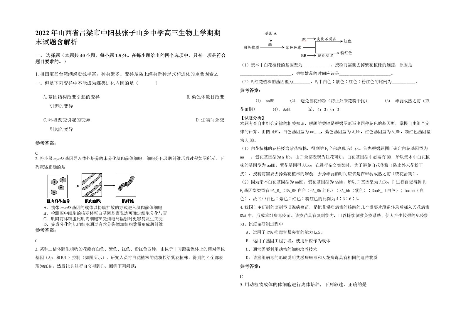 2022年山西省吕梁市中阳县张子山乡中学高三生物上学期期末试题含解析