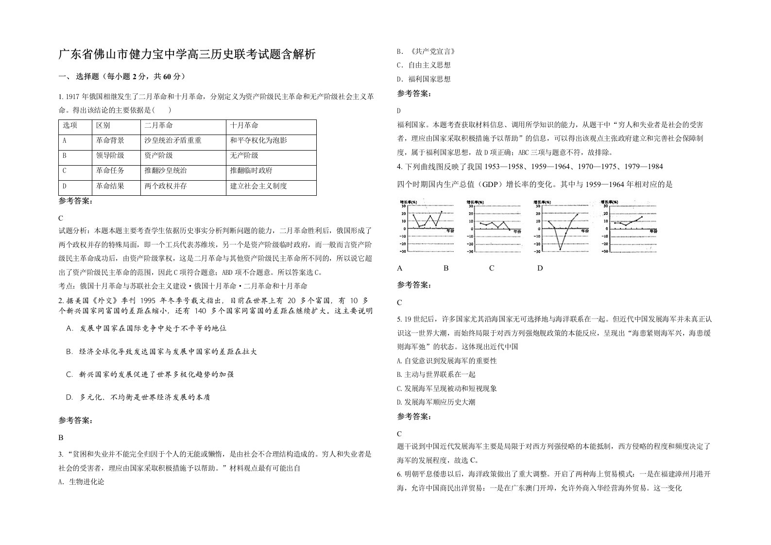 广东省佛山市健力宝中学高三历史联考试题含解析