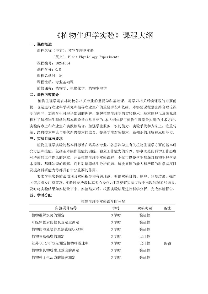 植物生理学实验课程