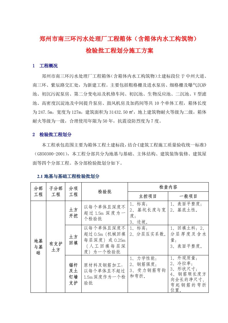 污水处理厂检验批划分