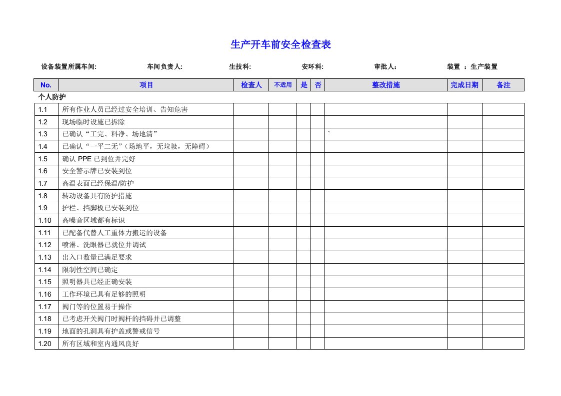 化工生产装置开车前检查表