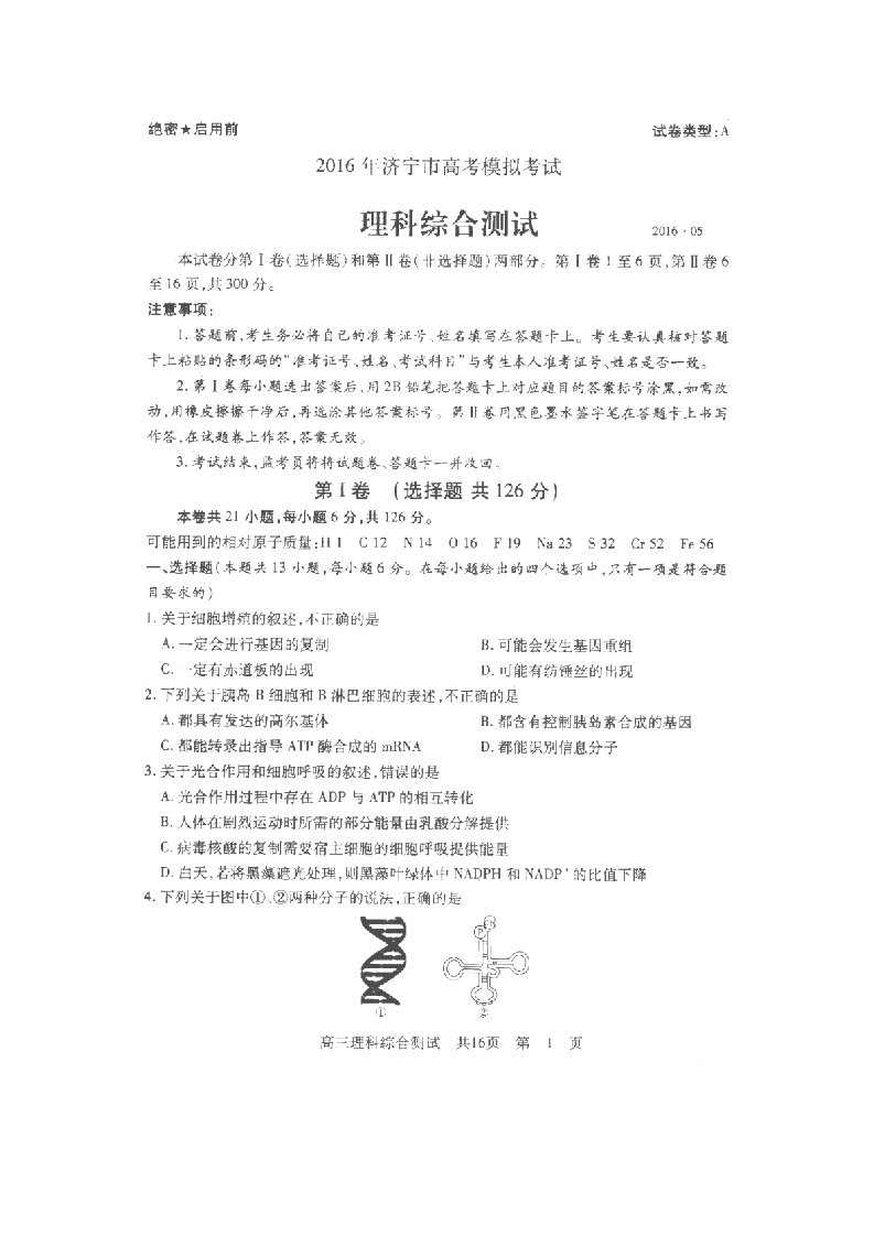 山东省济宁市高三理综下学期5月模拟考试试题（扫描版）