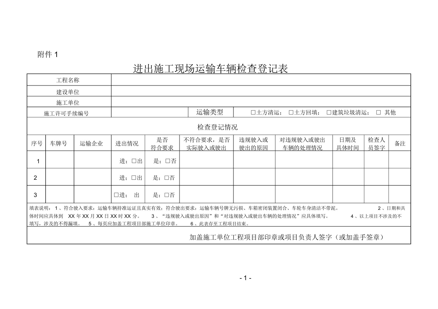 进出施工现场运输车辆检查登记表