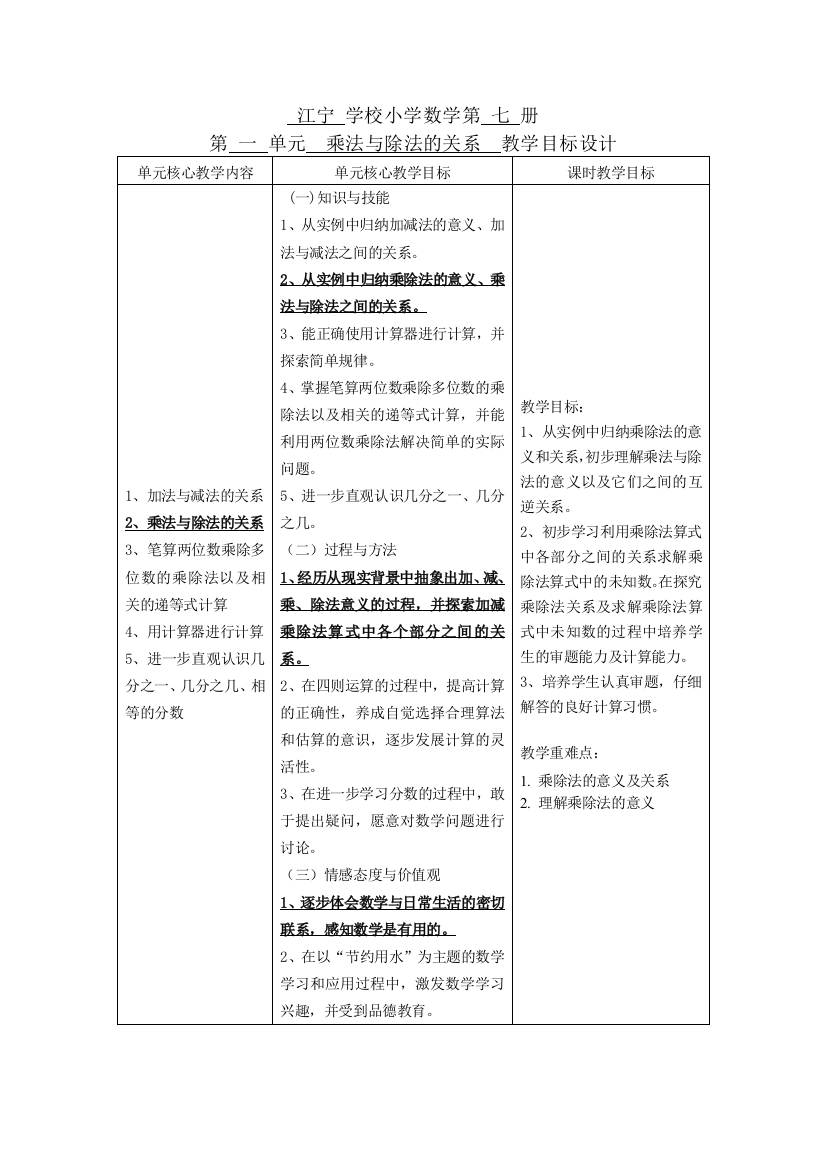 江宁学校小学数学第七册第一单元乘法与除法的关系课时单元目标制定