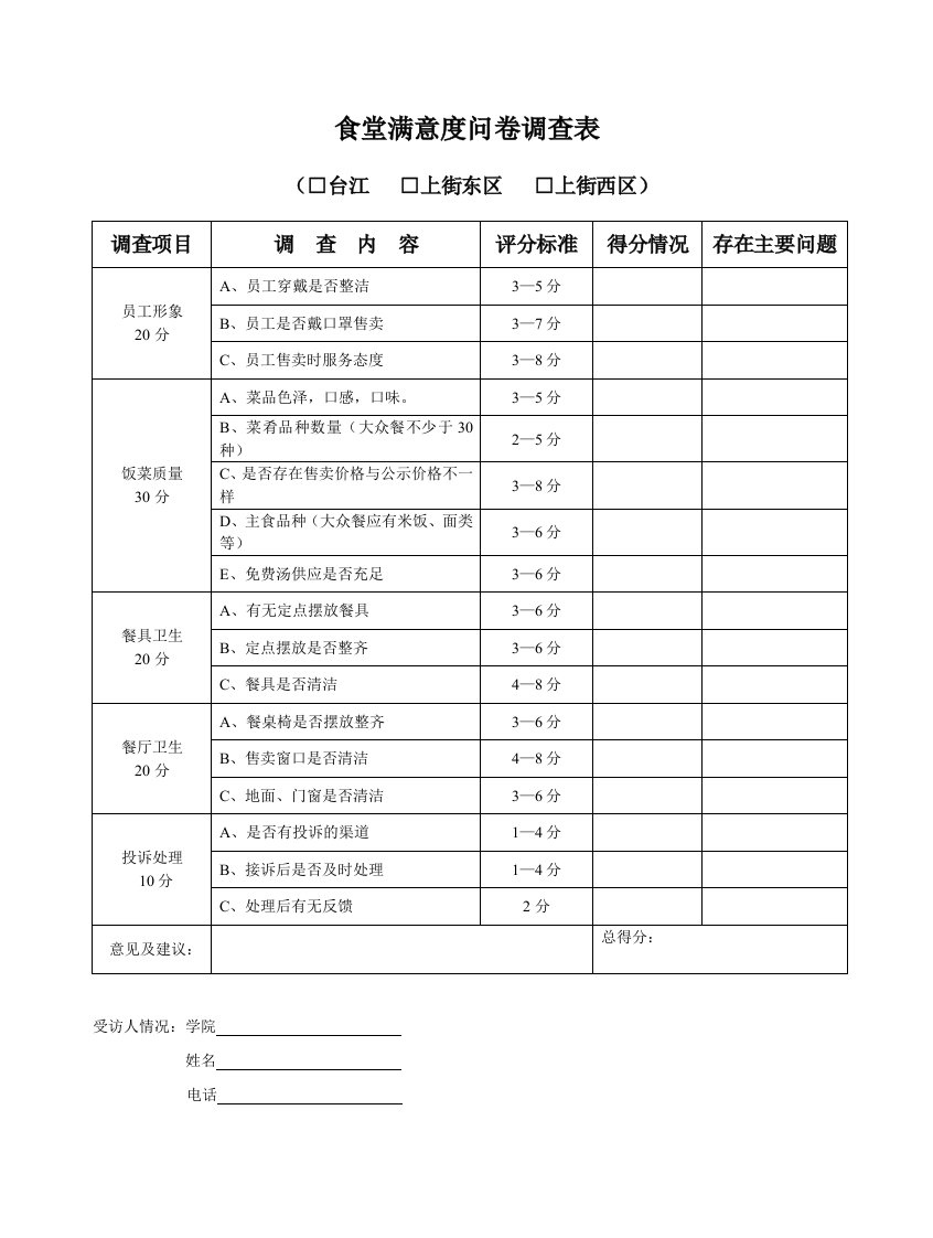 食堂满意度问卷调查表