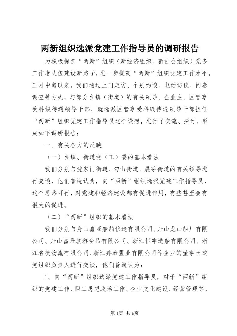 4两新组织选派党建工作指导员的调研报告