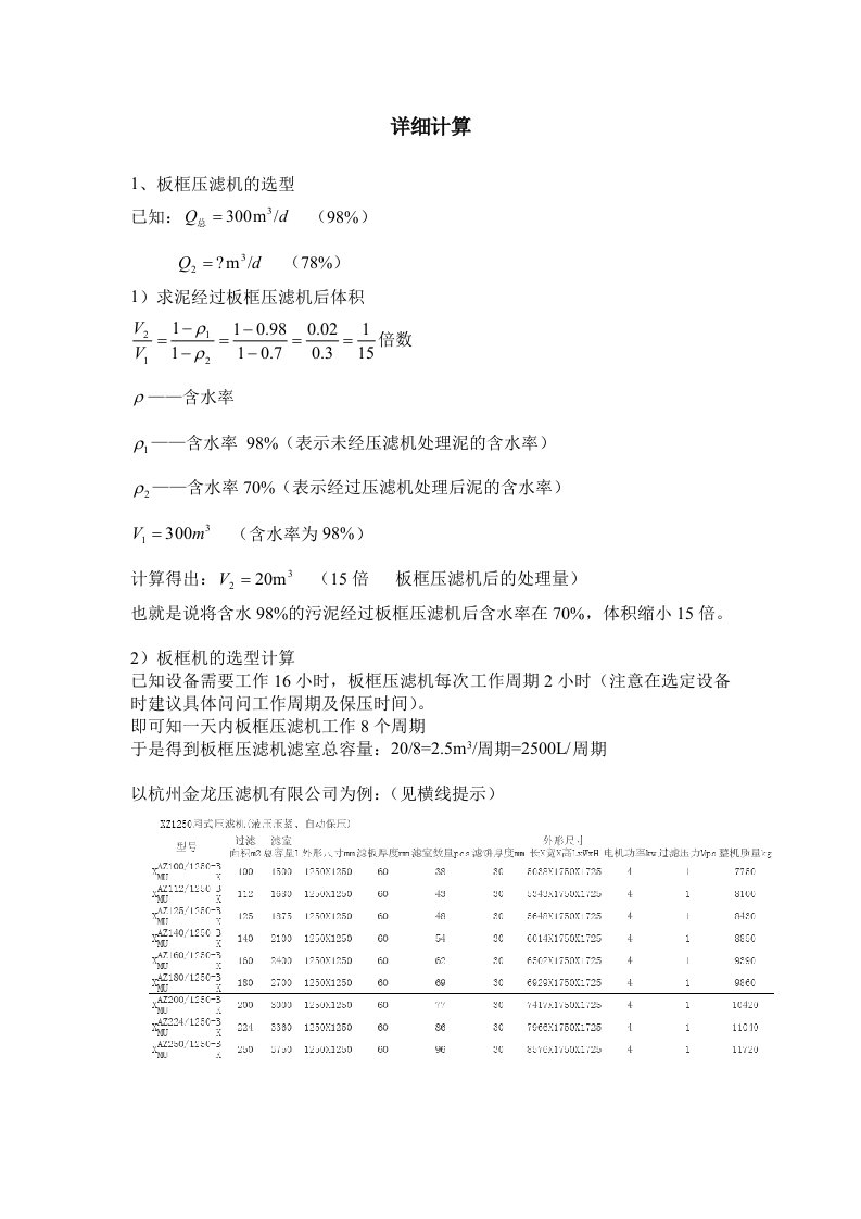 板框压滤机选型计算