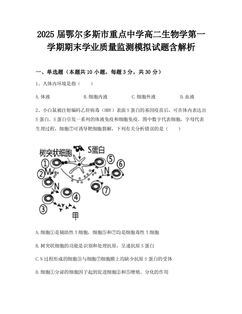 2025届鄂尔多斯市重点中学高二生物学第一学期期末学业质量监测模拟试题含解析