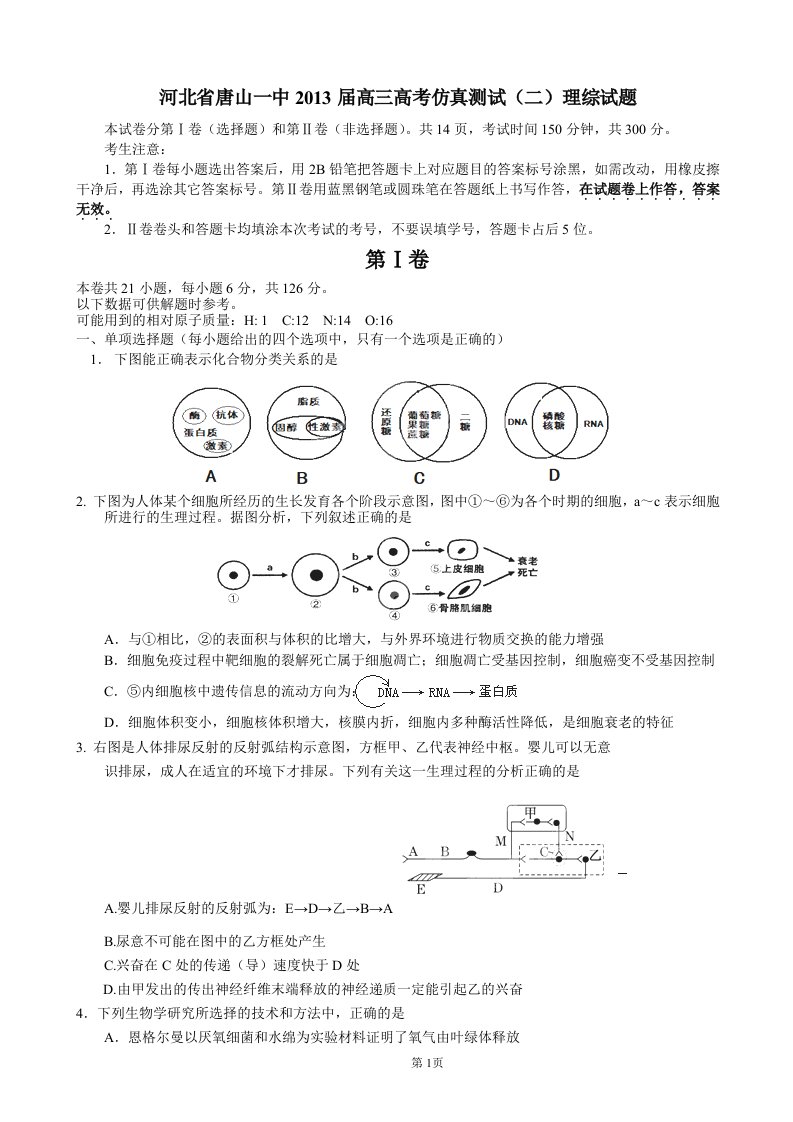 河北省唐山一中2013届高三高考仿真测试(二)理综试题