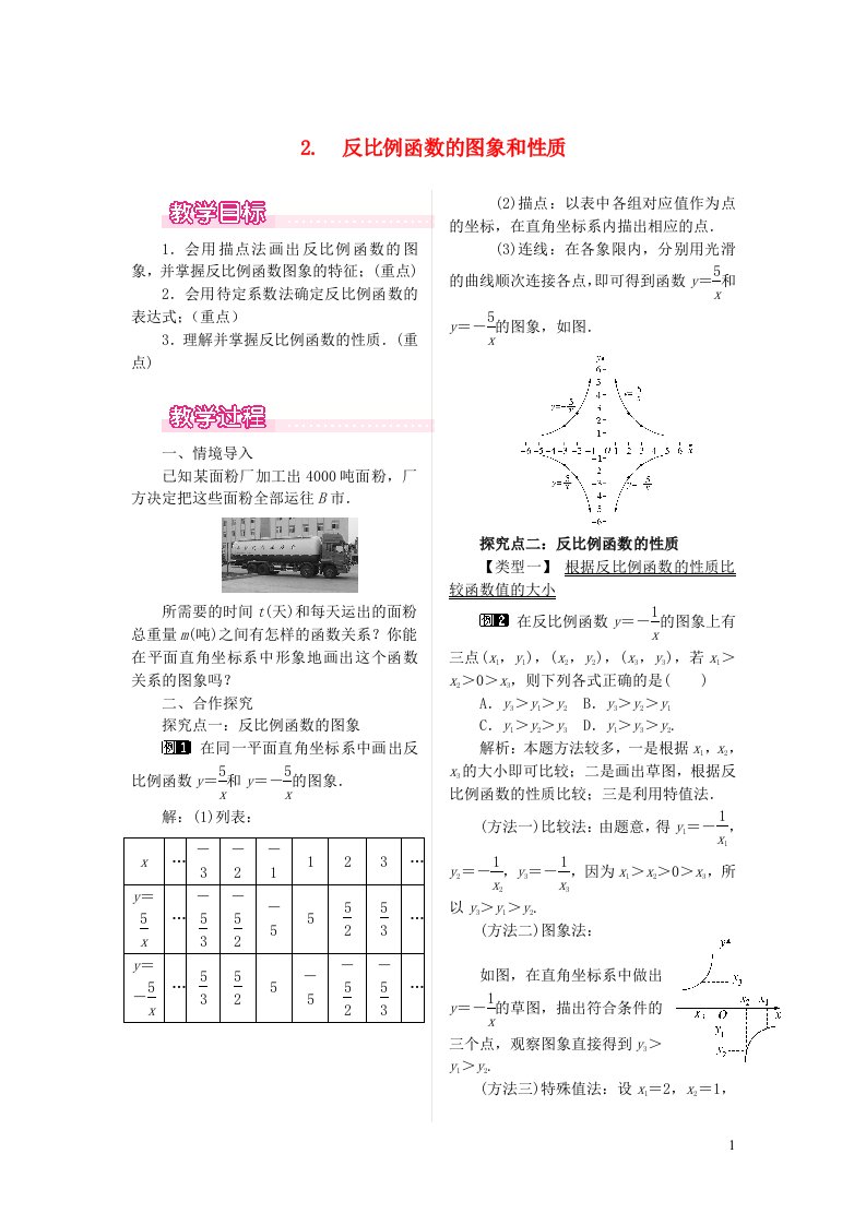 八年级数学下册第17章函数及其图象17.4反比例函数2反比例函数的图象和性质教案新版华东师大版