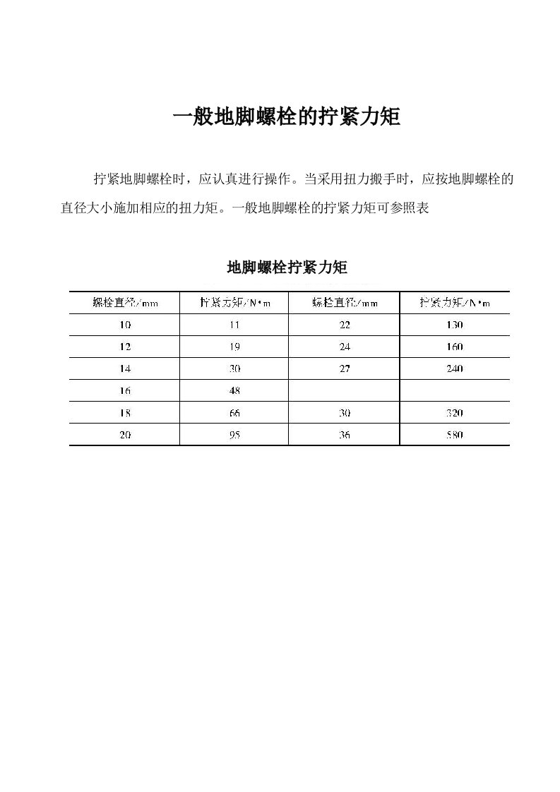 一般地脚螺栓的拧紧力矩