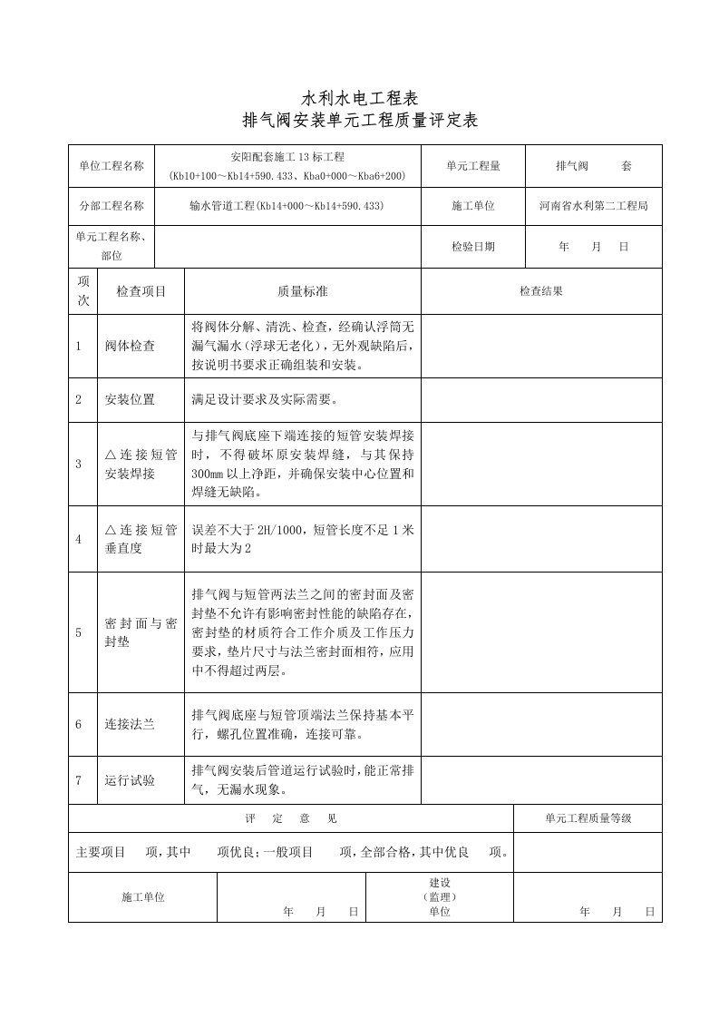 排气阀安装单元工程质量评定表