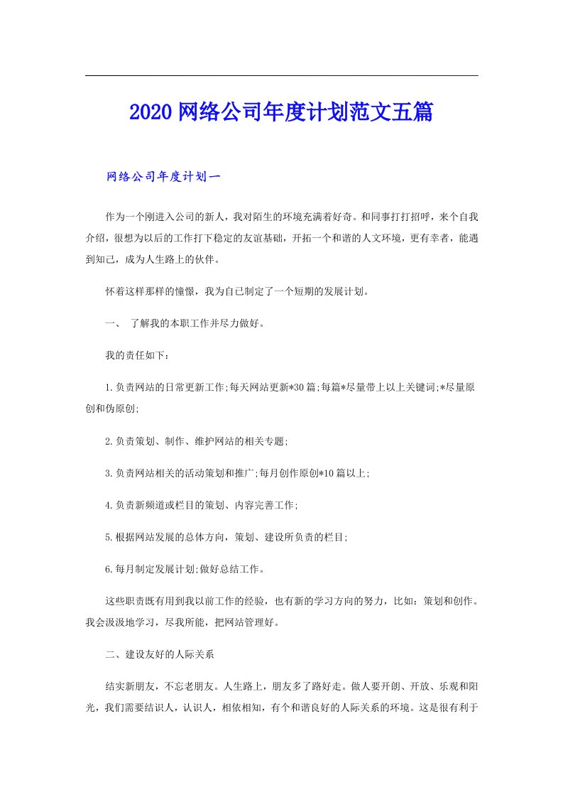 网络公司年度计划范文五篇