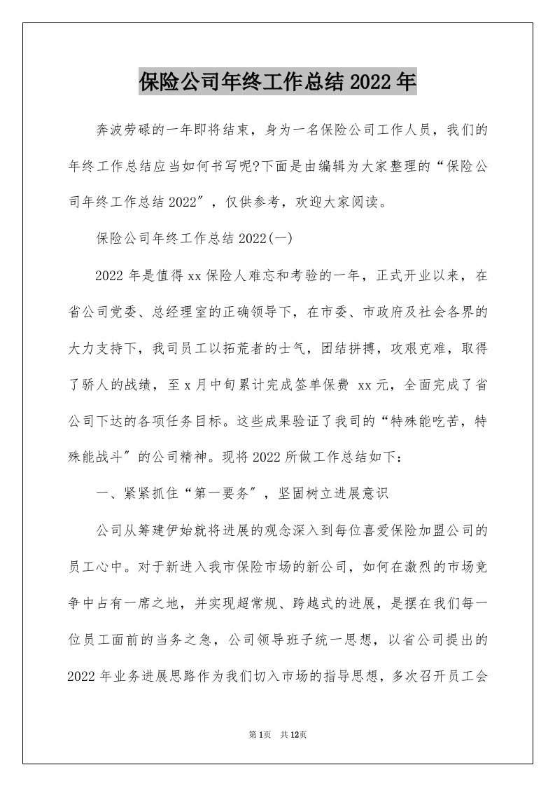 保险公司年终工作总结2022年