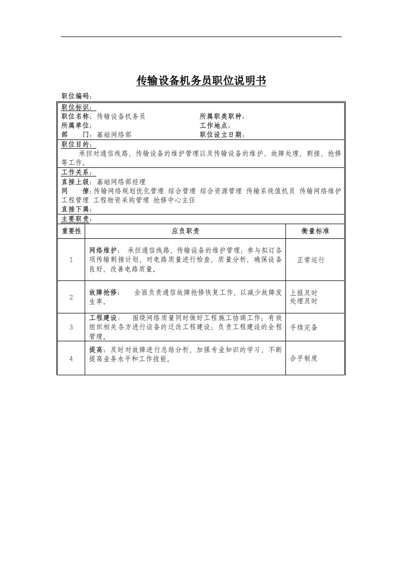 精选传输设备机务员岗位说明书