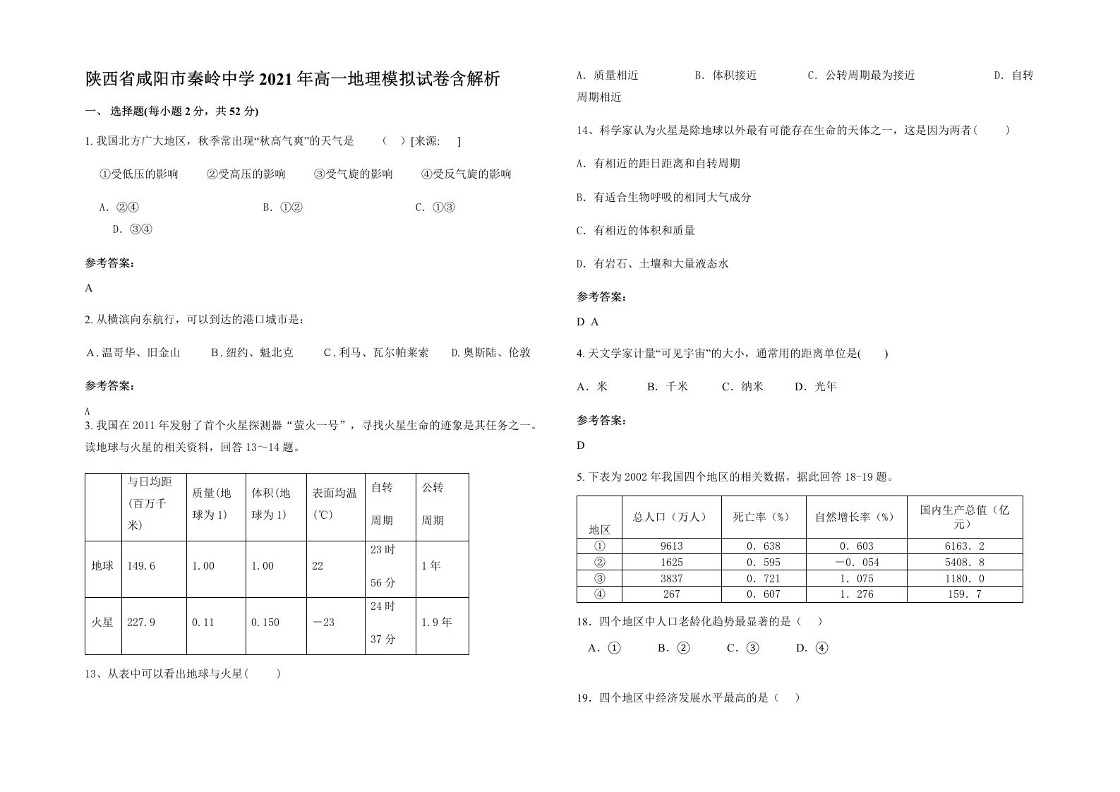 陕西省咸阳市秦岭中学2021年高一地理模拟试卷含解析